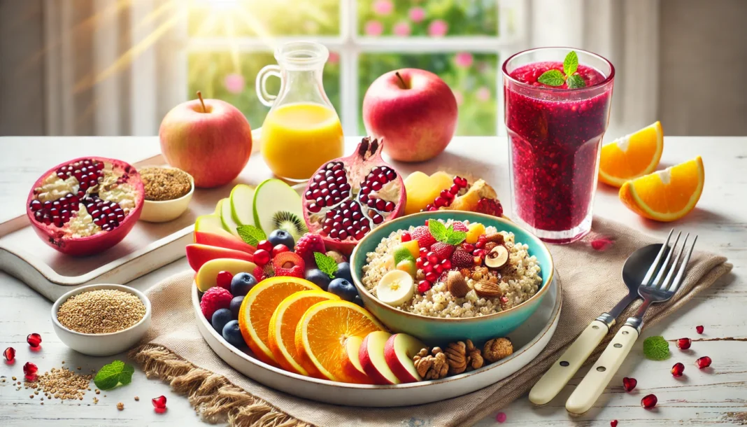 A delicious and heart-healthy breakfast platter showcasing a colorful fruit salad with apples, oranges, and berries, a bowl of quinoa porridge with nuts, and a glass of freshly squeezed pomegranate juice on a bright dining table with a scenic view.