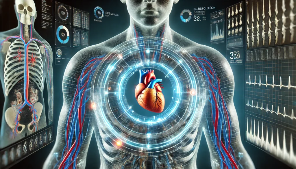 A futuristic MRI scan rendering of a human chest, focusing on heart and artery health. The image shows a high-resolution, glowing digital scan with color-coded highlights to indicate areas of arterial blockage or concern. The scene has a modern, high-tech diagnostic aesthetic.