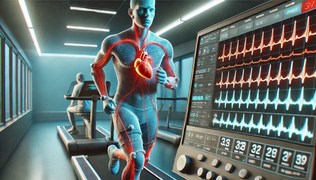 A 3D-rendered medical visualization of a stress test for heart health assessment. The image shows a patient on a treadmill with electrodes attached to their chest, connected to a monitor displaying real-time heart rate and blood flow data. The scene has a modern diagnostic medical setting.