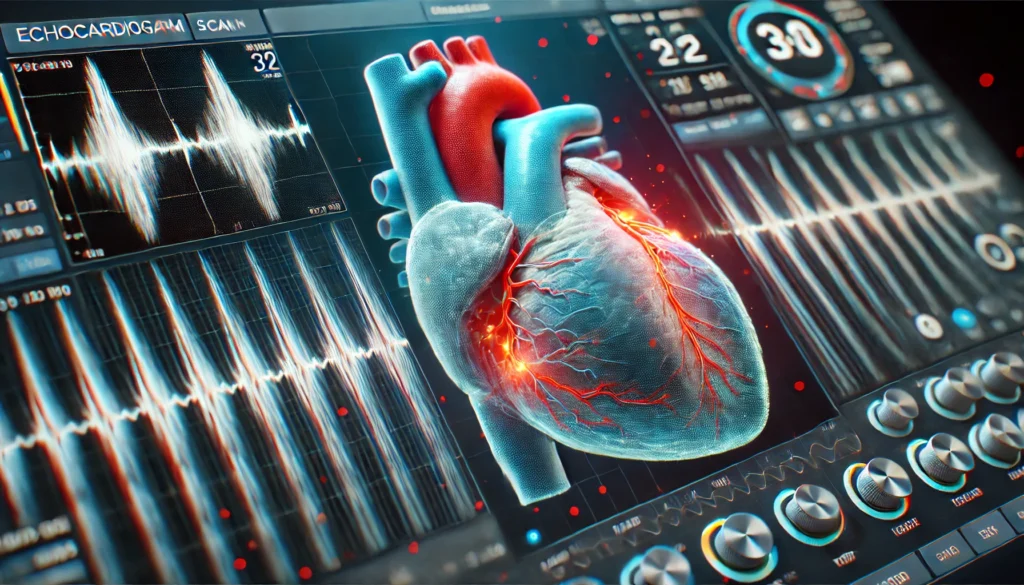 A medical 3D visualization of an echocardiogram scan of the heart. The image features ultrasound waves mapping the heart’s structure, showing a real-time motion rendering with color-coded blood flow to indicate healthy and blocked areas. The scene has a realistic diagnostic medical imaging style.