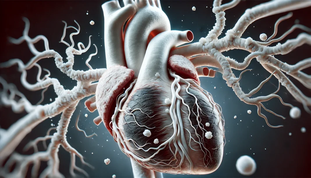 A detailed 3D-rendered medical illustration of a human heart with visible coronary arteries showing calcifications.