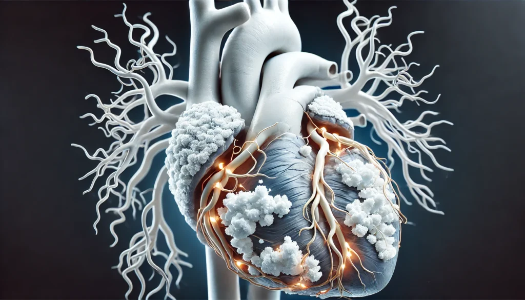 A high-resolution CT scan rendering of a human heart with bright white calcium deposits in the coronary arteries.