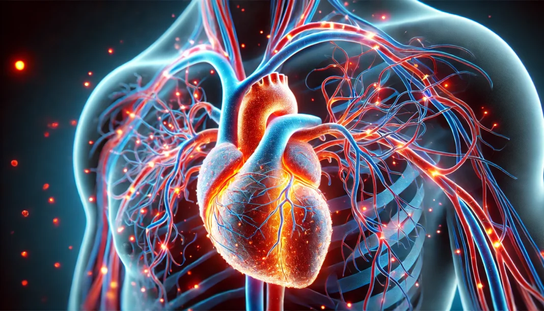 A high-resolution 3D medical illustration of a human heart with highlighted arteries, showing plaque buildup to represent clogged arteries. The image has a clinical and scientific aesthetic with glowing red and blue arteries for contrast.