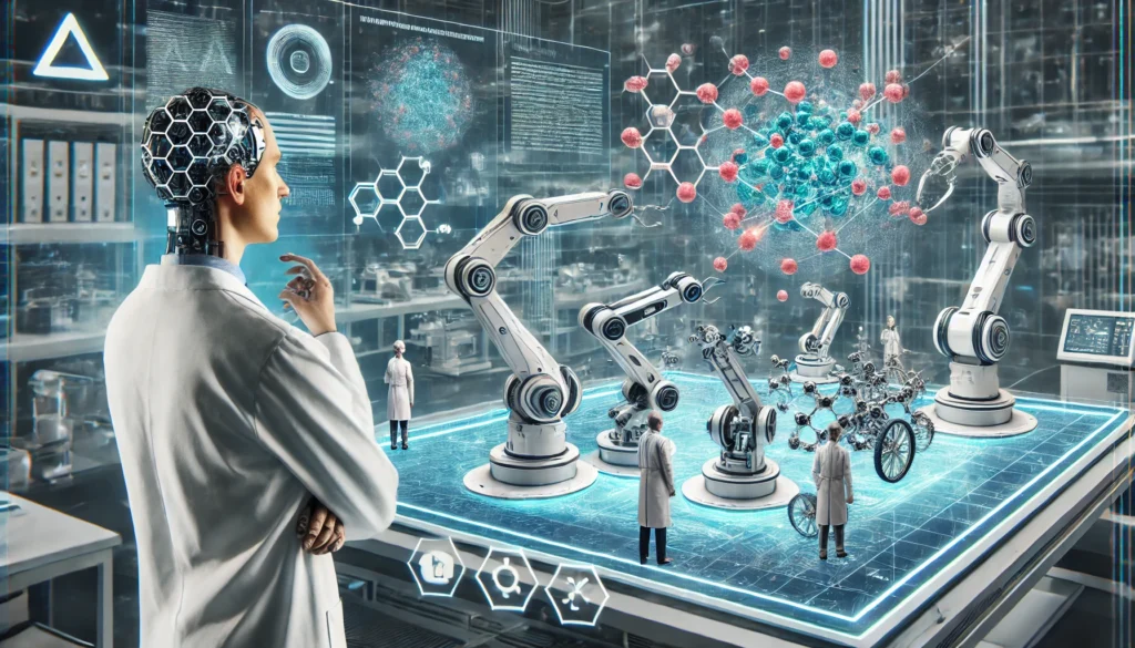 A high-tech oncology research center featuring AI-driven robotic arms assisting doctors in precision cancer treatment. Scientists study holographic molecular models, highlighting the intersection of artificial intelligence and precision medicine in revolutionizing cancer care.