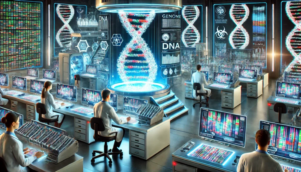 A high-tech laboratory featuring advanced sequencing machines analyzing DNA. Scientists in lab coats examine digital screens displaying colorful genome sequences, highlighting cancerous mutations.