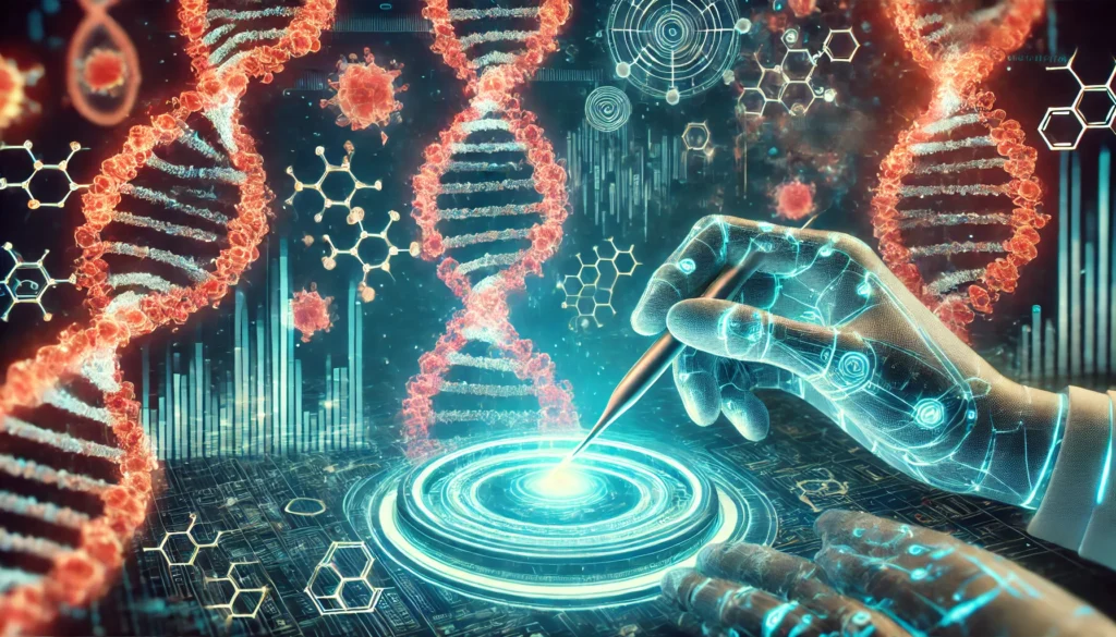 A visualization of cancerous DNA strands being edited with glowing segments of DNA being precisely modified in a futuristic digital environment.