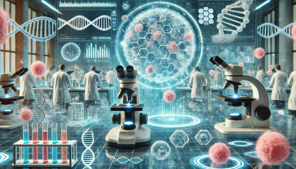 A futuristic medical laboratory where scientists utilize AI-powered microscopes to analyze cancer cells. Holographic projections display DNA sequences and molecular structures, demonstrating the role of precision medicine in developing personalized cancer treatments.