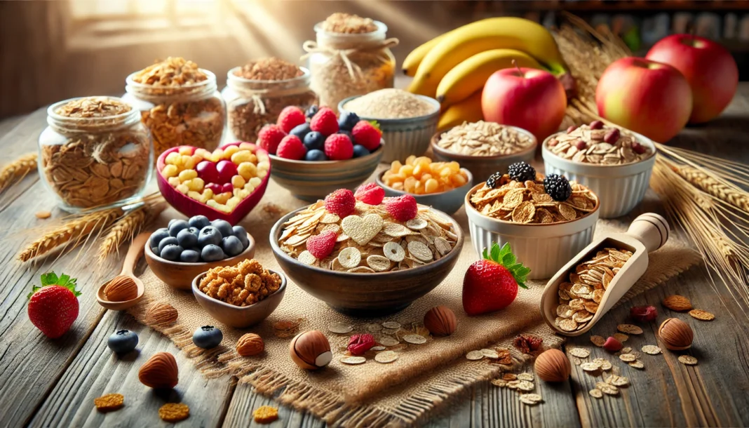 A visually appealing arrangement of heart-healthy cereals, including oats, bran flakes, and granola with nuts and seeds. The cereals are displayed in elegant bowls on a wooden kitchen table, complemented by fresh fruits like berries and bananas.