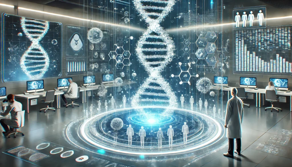 A high-tech genetic research facility where scientists use AI to analyze human DNA for early disease detection. A massive holographic DNA strand is displayed in a 3D interface, with data points and microscopic cellular structures floating around, symbolizing medical innovation.