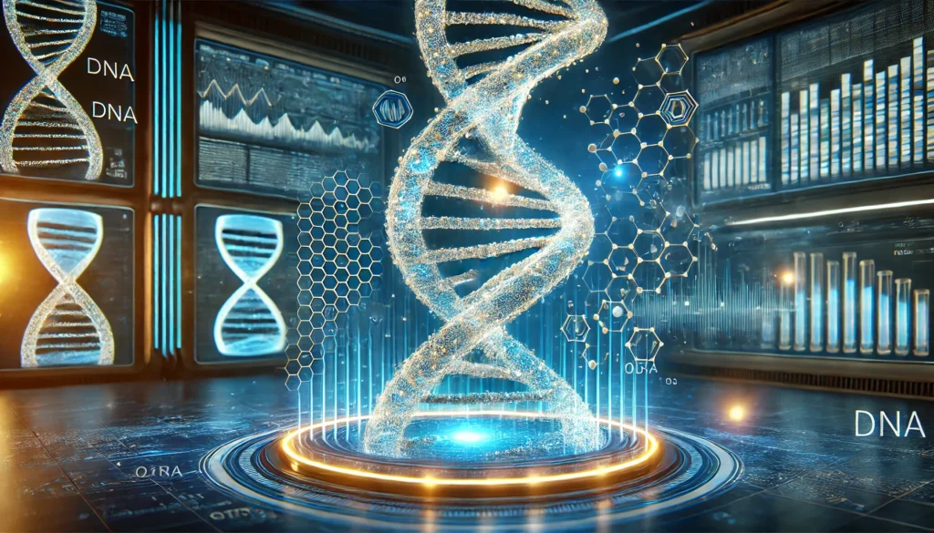 A highly detailed 3D rendering of a glowing DNA double helix surrounded by flowing data streams, symbolizing advanced genetic sequencing. A futuristic medical research facility with digital genome analysis screens serves as the background.