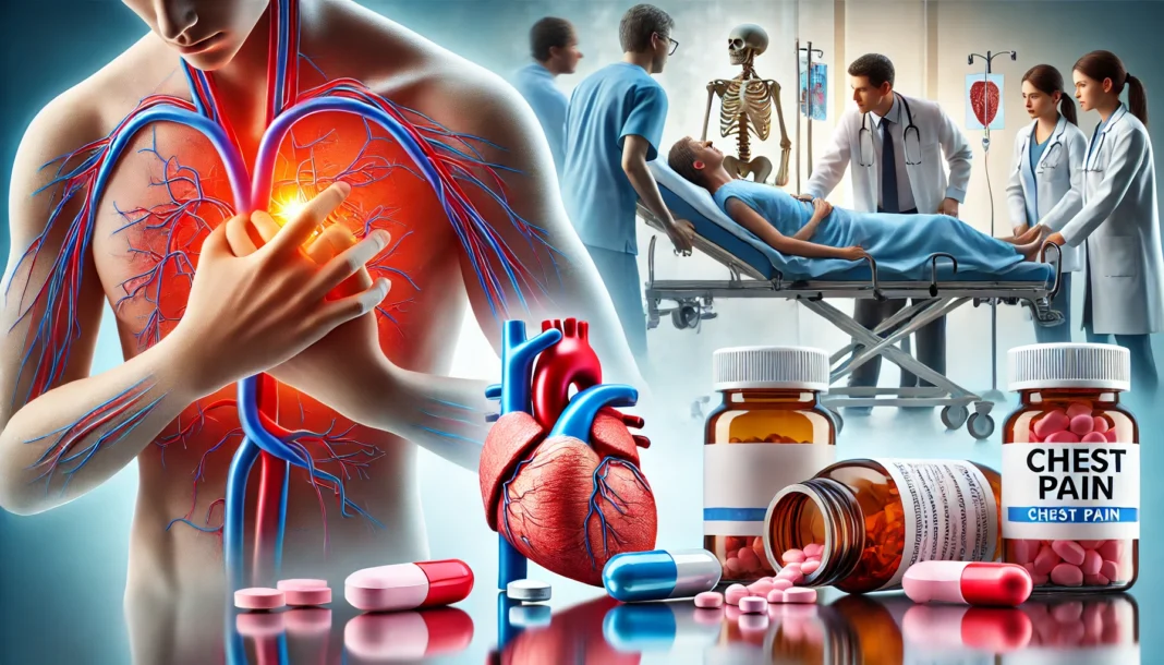 A digital illustration of a person clutching their chest in discomfort, with a semi-transparent overlay of the human cardiovascular system highlighting the heart and arteries, symbolizing chest pain causes and diagnosis.