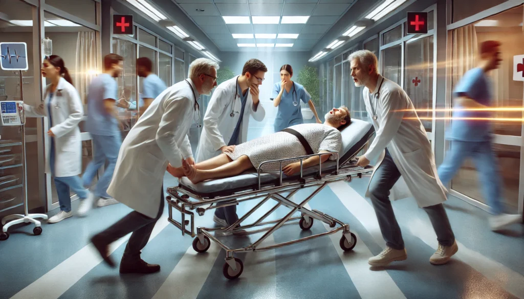A realistic hospital emergency room scene with doctors and nurses rushing to assist a patient on a stretcher, emphasizing the urgency of seeking medical help for severe chest pain.