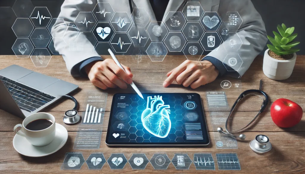 A conceptual image of a person receiving a telemedicine consultation on a tablet, showing a doctor explaining heart health and treatment options, representing remote medical advice for chest pain.