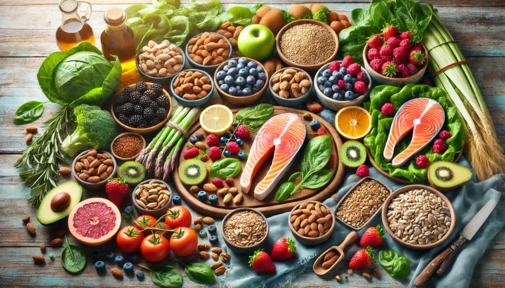 A colorful spread of heart-healthy foods, including fresh salmon, leafy greens, berries, nuts, and whole grains, arranged on a wooden table with soft natural lighting.