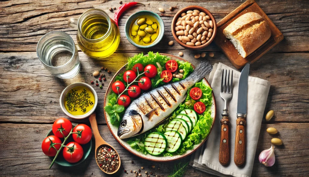 A vibrant Mediterranean diet-inspired meal, featuring a plate of grilled fish, olive oil, fresh vegetables, beans, and whole-grain bread, with a glass of water, all beautifully arranged on a rustic wooden table.