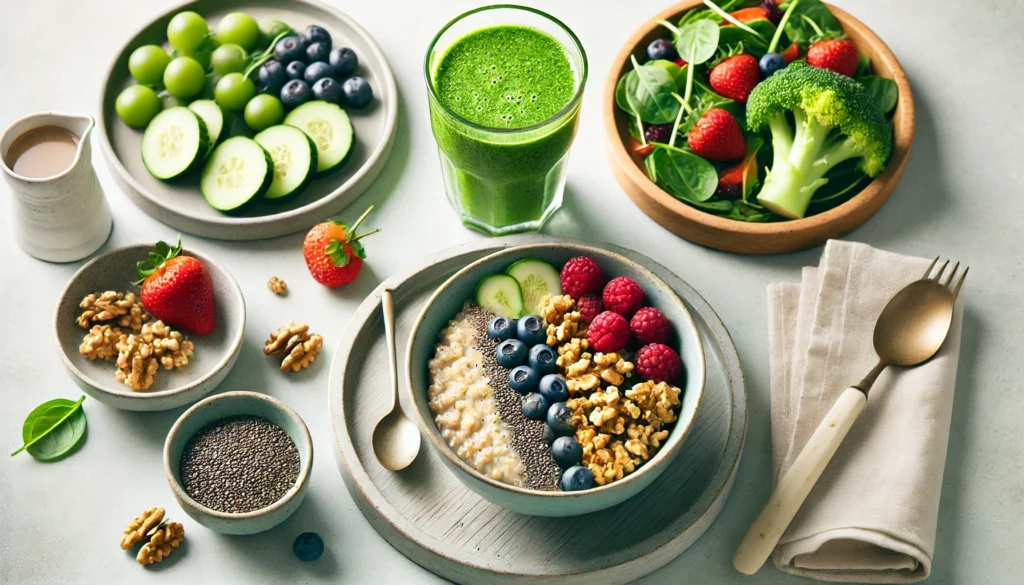 A healthy, balanced meal featuring a bowl of oatmeal topped with fresh berries, chia seeds, and walnuts, accompanied by a green smoothie and a plate of mixed vegetables, presented on a clean, minimalist table setting.