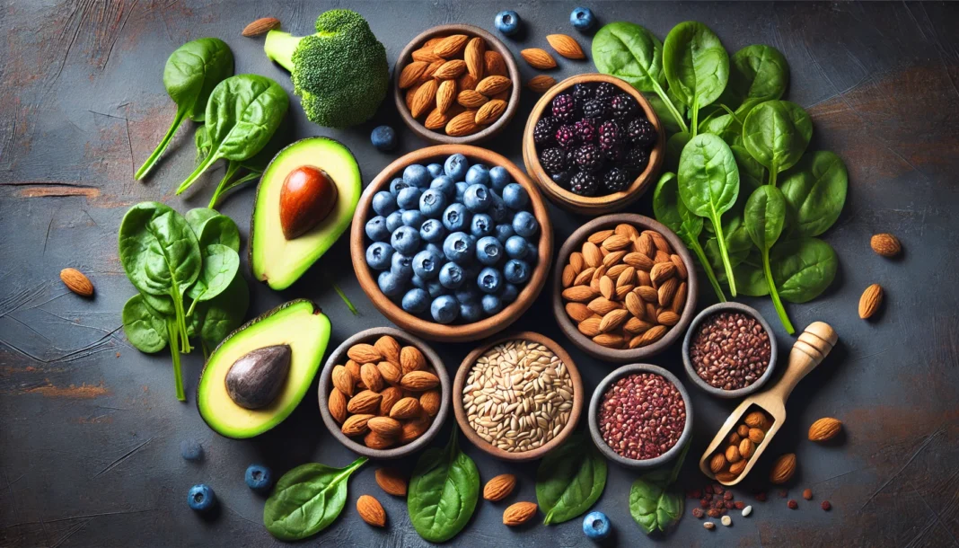 A visually appealing assortment of heart-friendly foods, including avocados, almonds, blueberries, spinach, and whole grains, arranged in small bowls on a dark wooden table, highlighting their rich colors and textures.