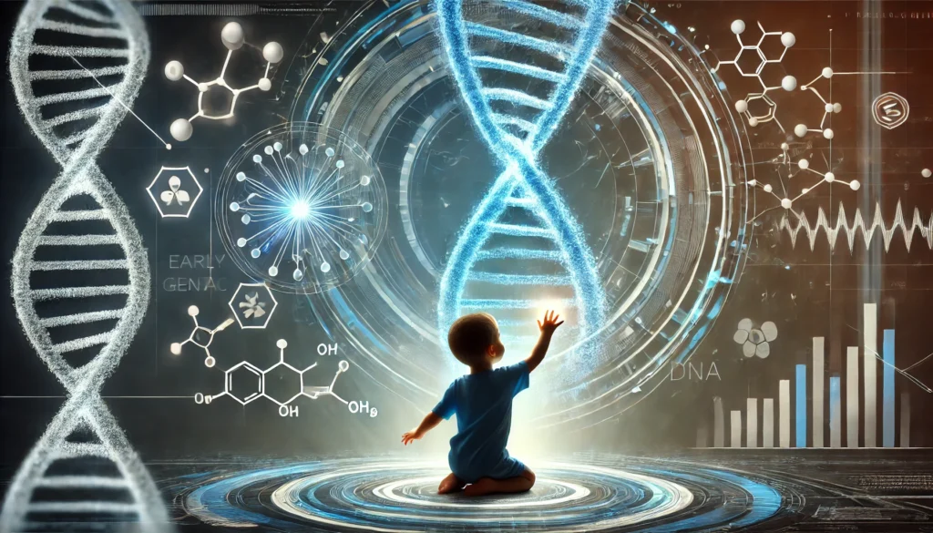 A young child reaching towards a glowing DNA helix, set in a futuristic high-tech environment. Floating holographic genetic data and abstract medical symbols highlight the complexity and potential consequences of early genetic screening.