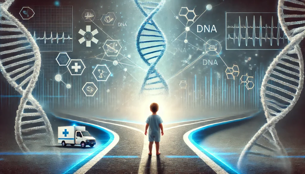 A conceptual scene of a young child standing at a crossroads, with one path leading to a futuristic hospital and another fading into uncertainty. Floating DNA strands and medical symbols illustrate the choices and consequences of genetic testing at an early age.