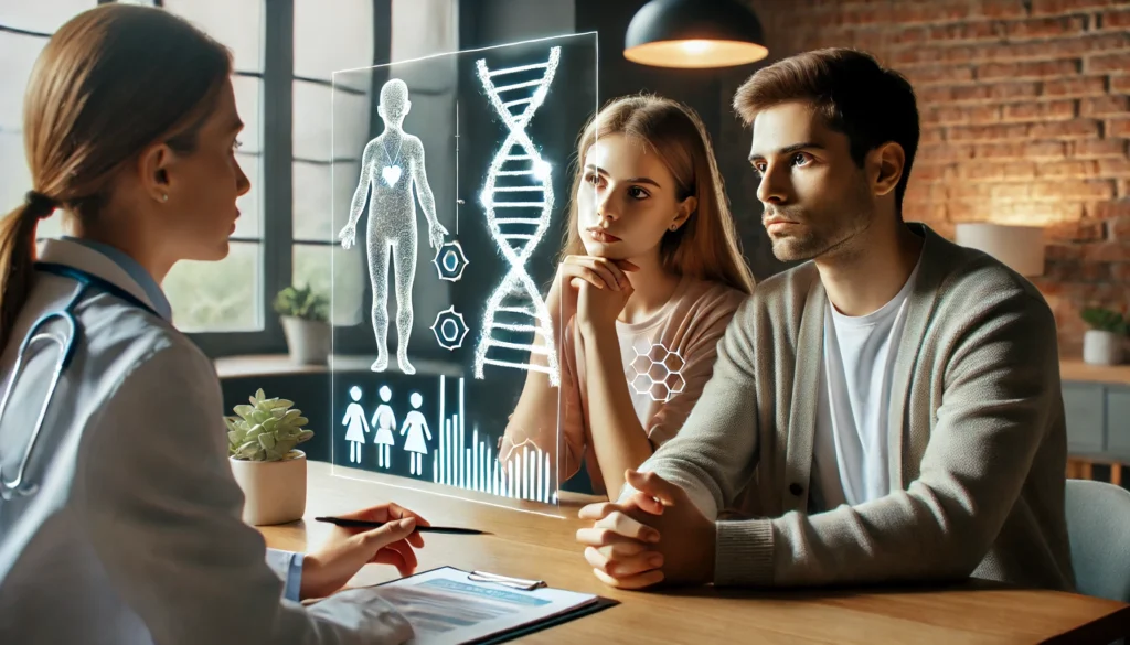 A thoughtful mother and father sit at a table with a doctor, reviewing holographic genetic test results for their child. The parents show mixed emotions, highlighting the complexities of early genetic testing decisions.