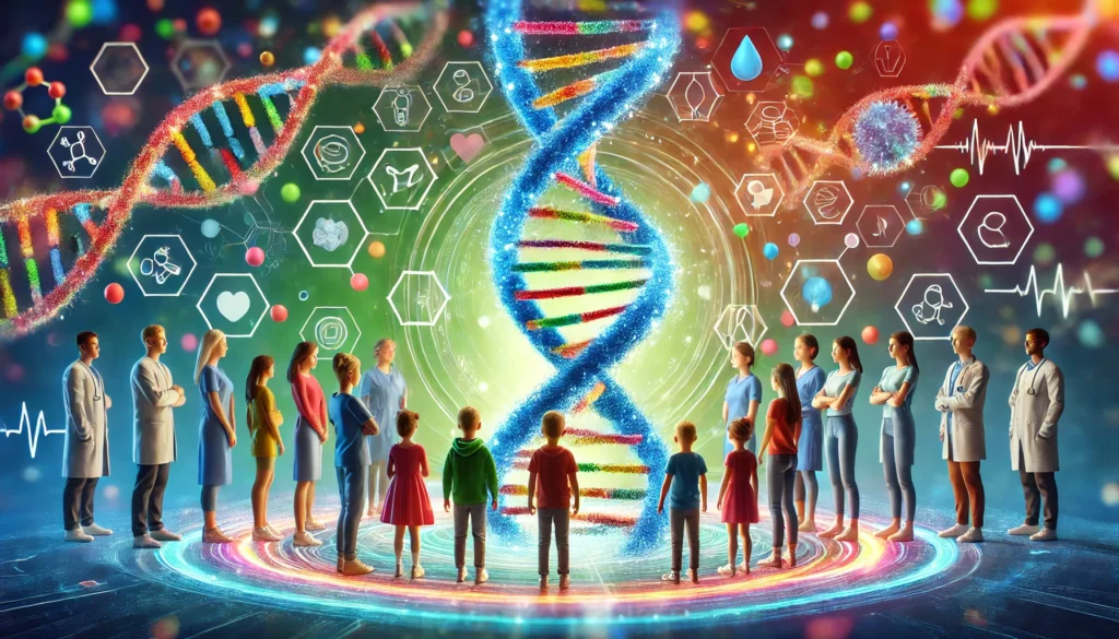 A diverse group of children standing within a glowing DNA helix, symbolizing genetic testing and personalized health insights, in a colorful, futuristic medical setting.