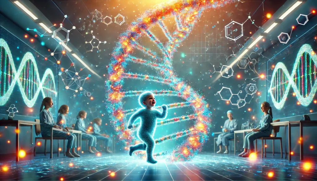 A vibrant DNA double helix made of glowing particles encircling a happy child playing in a futuristic medical environment, representing the importance of genetic health and early testing.