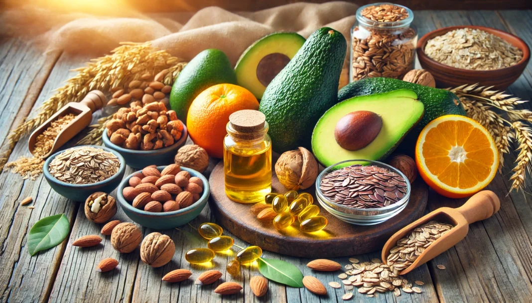 A vibrant arrangement of natural cholesterol-lowering foods and supplements, including fresh avocados, almonds, walnuts, flaxseeds, oats, and a bottle of fish oil capsules, set on a rustic wooden table with soft natural lighting.