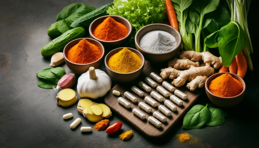 A vibrant composition of natural cholesterol-lowering supplements in capsule and powder form, displayed alongside fresh ingredients like turmeric, garlic, ginger, and green leafy vegetables on a dark textured background.