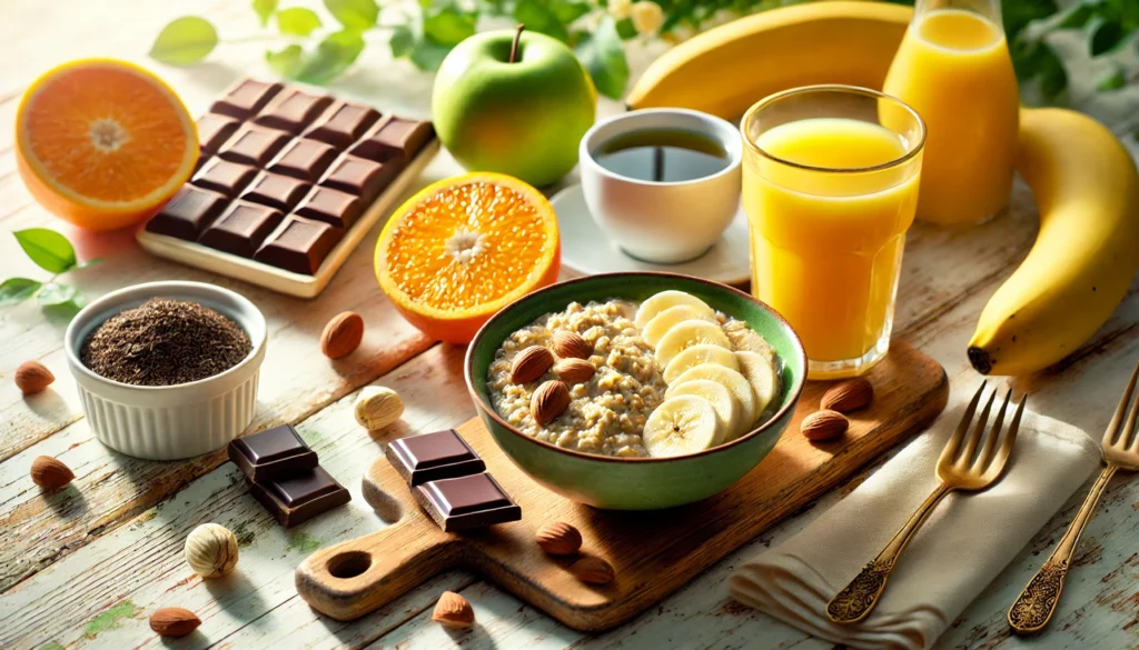 A fresh and healthy breakfast scene with cholesterol-lowering foods: a bowl of oatmeal with sliced bananas and nuts, a glass of orange juice, a small plate of dark chocolate, and a cup of green tea, arranged on a bright wooden table with morning sunlight.
