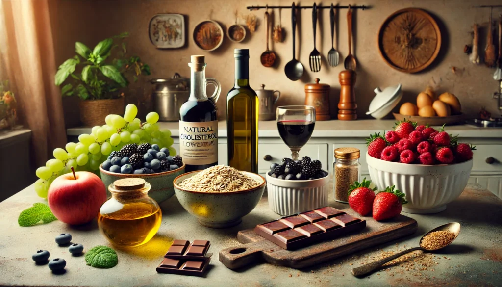A beautifully styled kitchen countertop displaying natural cholesterol-lowering foods and supplements: a bowl of oatmeal, fresh berries, dark chocolate, a bottle of olive oil, green tea, and a glass of red wine, arranged aesthetically with warm lighting.