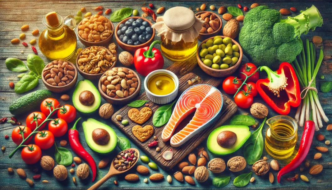 A visually appealing display of heart-healthy foods, including avocados, nuts, salmon, olive oil, and fresh vegetables, arranged on a rustic wooden table under warm natural lighting.