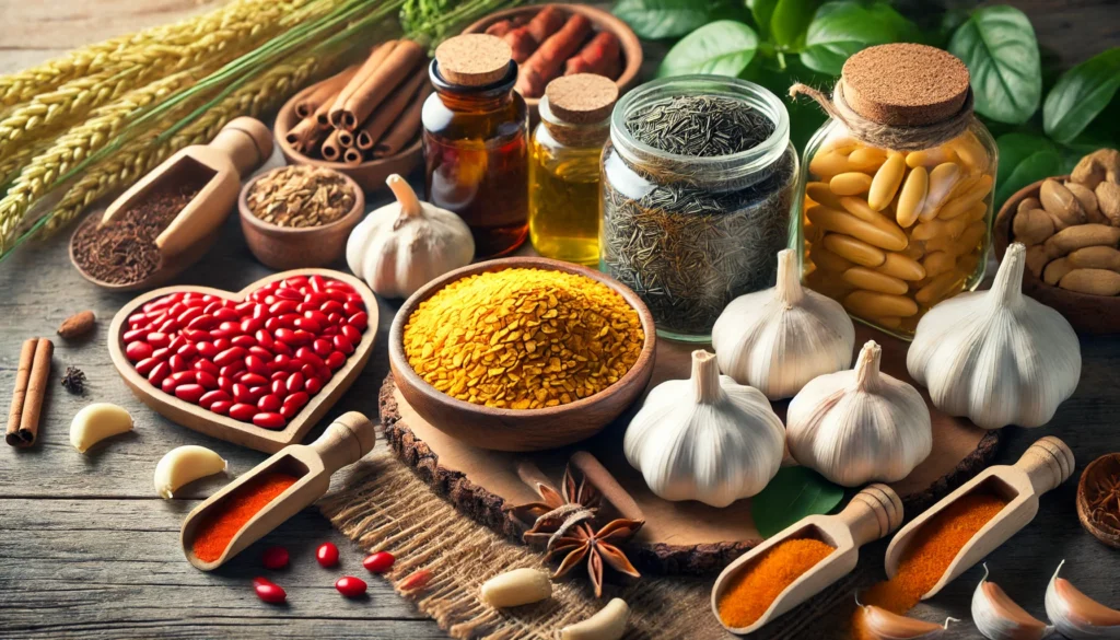 A vibrant collection of natural cholesterol-lowering remedies such as garlic, turmeric, green tea, and red yeast rice, beautifully arranged in glass jars and wooden bowls on a rustic countertop.