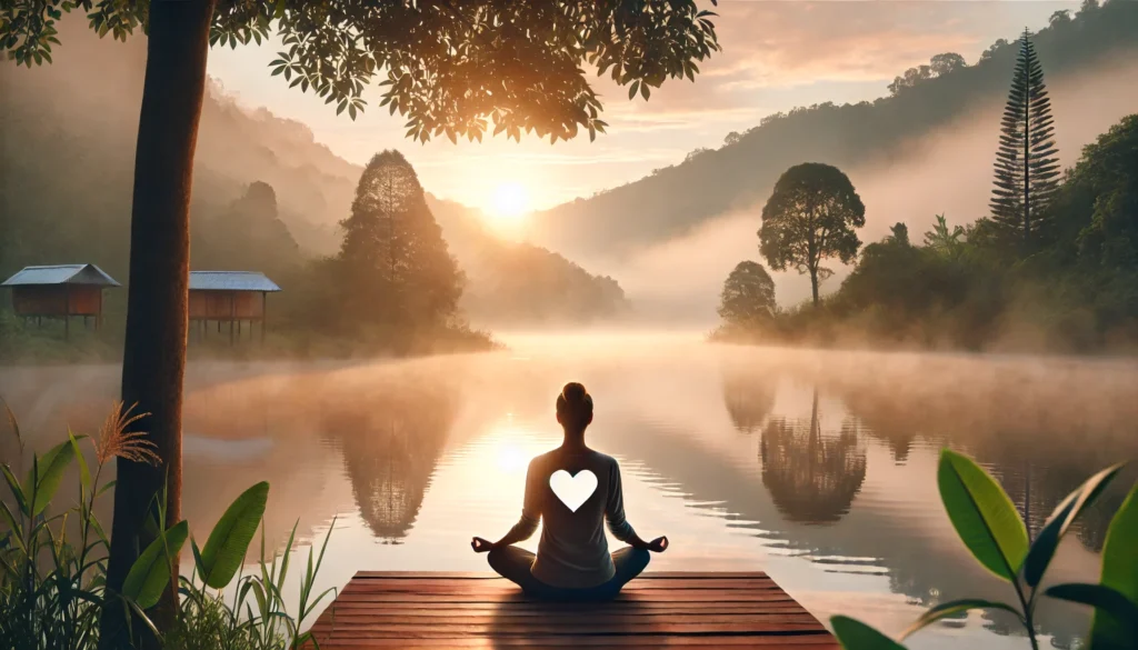 A serene wellness-inspired scene with a person meditating by a calm lake at sunrise, surrounded by mist and a tranquil natural landscape, symbolizing stress management for heart health.