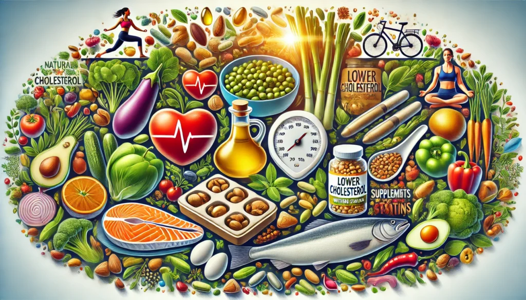 A vibrant and holistic scene featuring a well-balanced mix of heart-healthy foods, including nuts, fish, vegetables, and olive oil, combined with active lifestyle elements like walking, yoga, and cycling. Herbal supplements and stress-relief practices such as meditation are subtly incorporated into the background, creating a wellness-focused composition.
