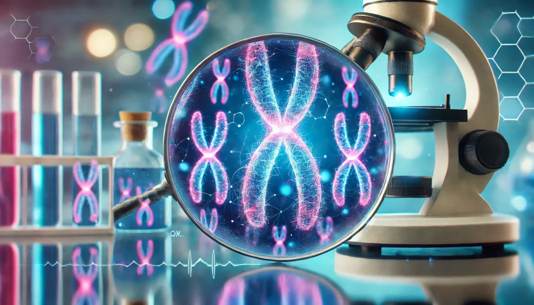 A magnified view of human chromosomes under a futuristic microscope, illuminated in neon blue and pink hues, with a soft-focus medical laboratory background.