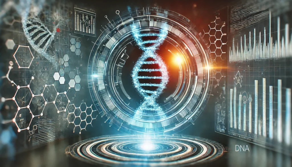 A futuristic digital representation of chromosomal testing, featuring a glowing DNA helix intertwined with molecular structures, surrounded by a high-tech data interface displaying genetic analysis in a laboratory setting.