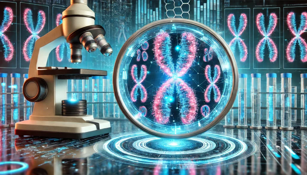 A visually striking representation of chromosomal analysis, showcasing a magnified view of human chromosomes under a futuristic microscope. The chromosomes are illuminated with glowing blue and pink hues, set against a high-tech genetic research facility.