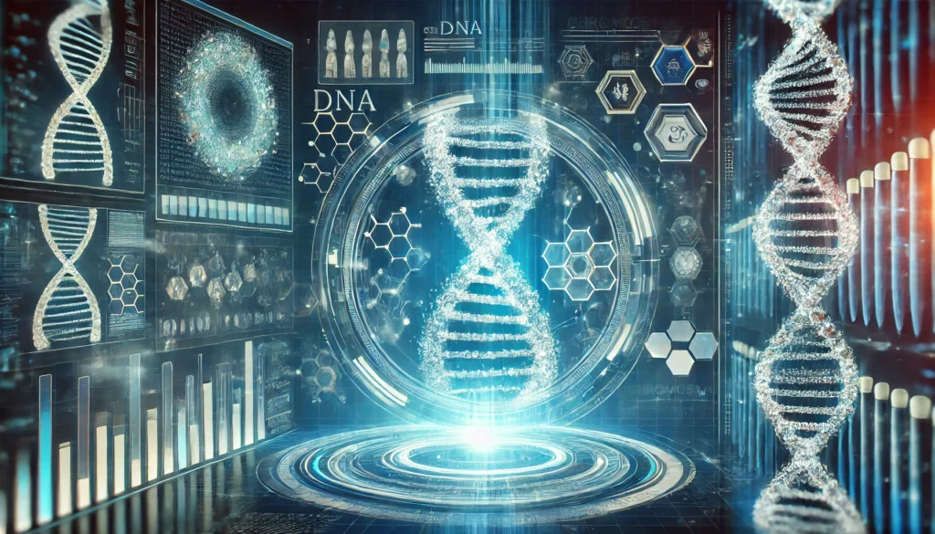 A futuristic depiction of DNA and chromosomal testing, featuring a glowing double helix intertwined with chromosomes, surrounded by a holographic data interface in a high-tech laboratory setting.