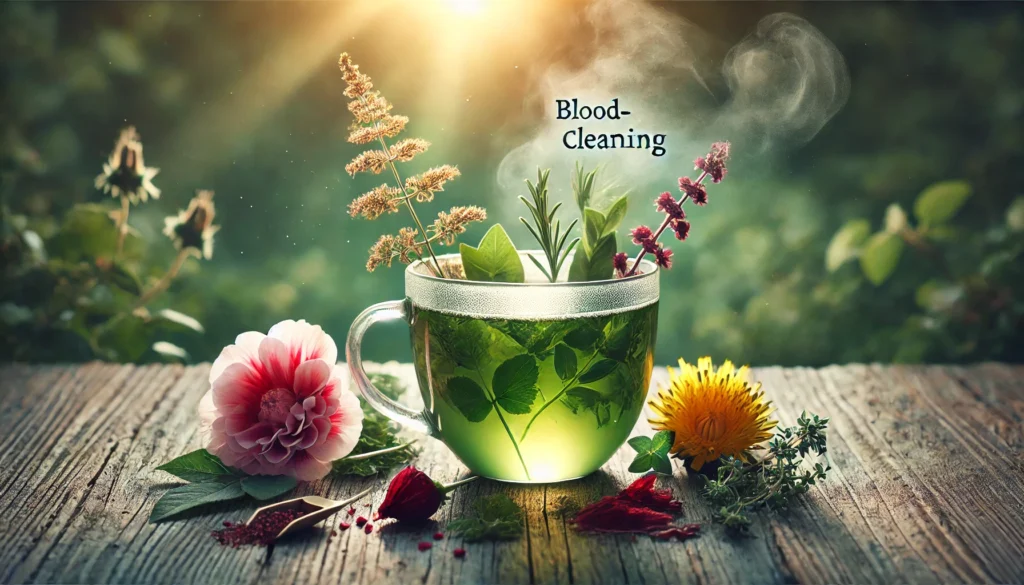 A serene wellness concept featuring a cup of herbal tea infused with blood-cleansing herbs like green tea, hibiscus, and dandelion, set against a tranquil backdrop with soft natural lighting, highlighting its detoxifying benefits.