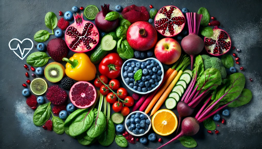 A colorful assortment of heart-healthy fruits and vegetables, including pomegranates, blueberries, spinach, and beets, arranged in an artistic composition to emphasize their antioxidant properties and role in blood vessel cleansing.