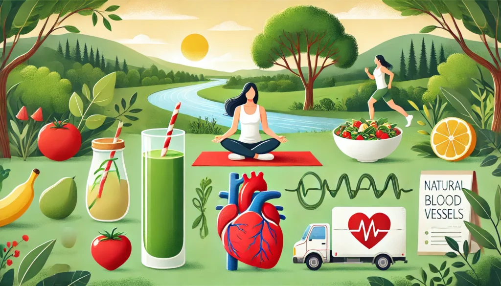 A holistic lifestyle concept for maintaining clean blood vessels, featuring a green smoothie, a yoga mat, a heart-healthy meal, and a person engaging in outdoor exercise against a serene natural backdrop.