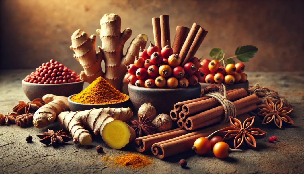 A scenic arrangement of medicinal herbs known for cardiovascular health, such as turmeric root, ginger, hawthorn berries, and cinnamon sticks, placed on a natural stone surface with an earthy background.