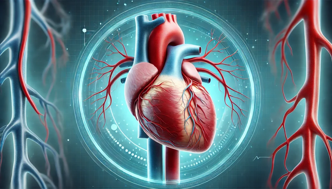 Anatomical illustration of a human heart with partially clogged arteries, showing visible plaque buildup and a semi-transparent circulatory system on a medical blue gradient background.