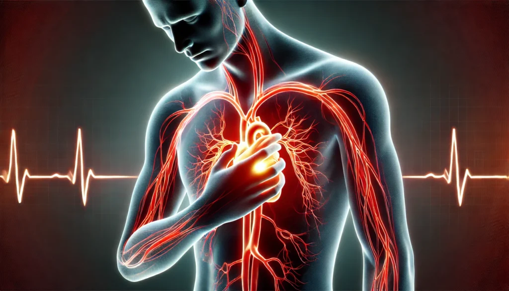 Medical-style illustration of a human silhouette experiencing chest pain, with glowing red pain signals radiating to the arm and neck, highlighting symptoms of coronary artery disease.