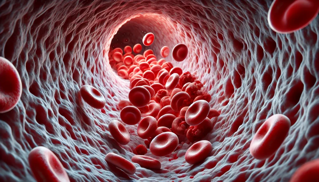 Realistic 3D-rendered image of red blood cells struggling to pass through a narrowed artery with thickened walls and plaque buildup, illustrating the risks of clogged arteries.