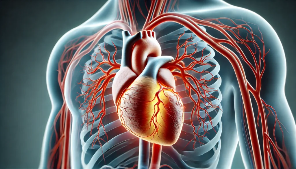 A detailed cross-section of a human heart and arteries, depicting atherosclerosis in patients with normal or low cholesterol due to alternative risk factors like diabetes and inflammation.