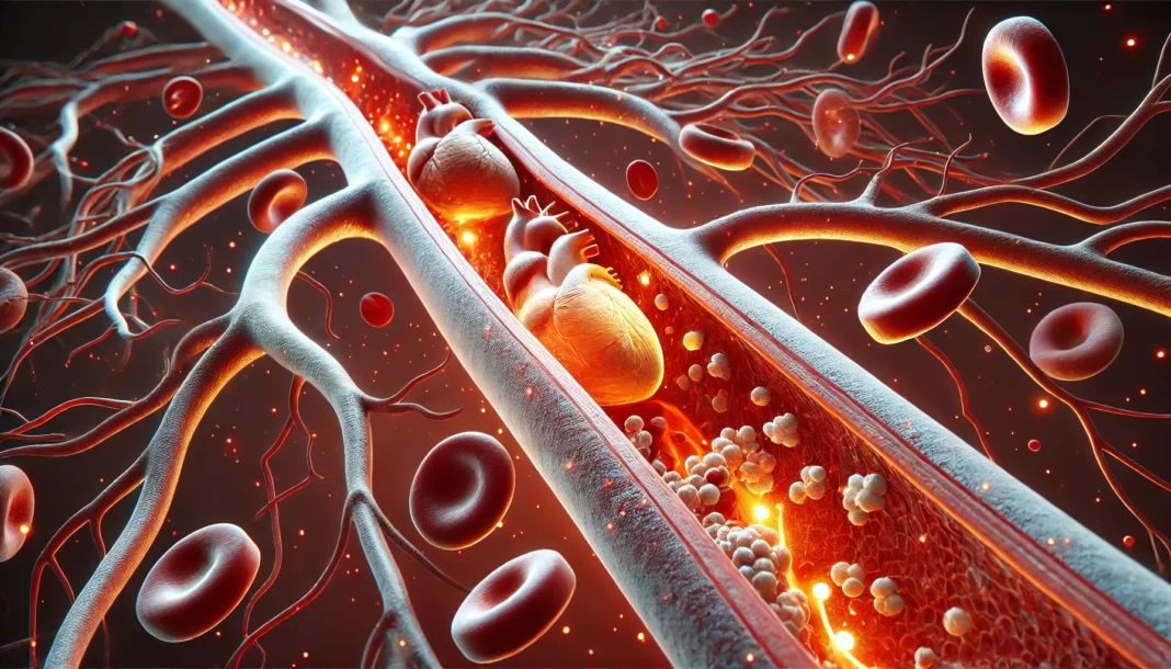 A 3D-rendered medical illustration of human arteries, highlighting both healthy and clogged arteries with plaque buildup, despite normal cholesterol levels. The glowing red blood flow contrasts with dark surroundings.