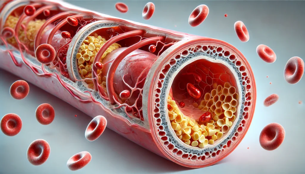 A cross-sectional view of a human artery showing hidden plaque accumulation inside arterial walls, depicting how inflammation and other factors contribute to blockages even with normal cholesterol.