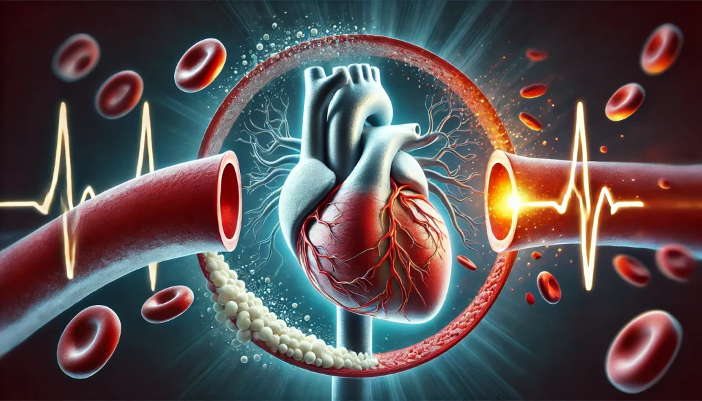 A conceptual medical illustration of a human heart and arteries, split into a healthy side and one with silent plaque buildup, visually representing hidden cardiovascular risks beyond cholesterol.