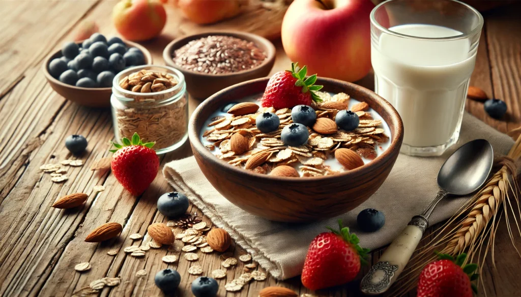 A close-up of a breakfast scene featuring a bowl of cholesterol-lowering cereal made of oats, flaxseeds, and almonds. The bowl is accompanied by a glass of almond milk and fresh strawberries and blueberries on a rustic wooden table.